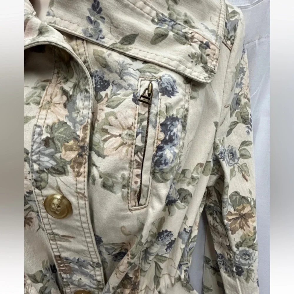 Anthropologie Jacket Women 12 Blue Cream Floral Canvas Coastal Capsule Brunch
